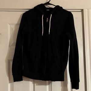 Black Zip-Up Hoodie with White Drawstrings